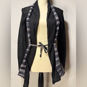 Black Open Front Cardigan with Striped Trim scarf look